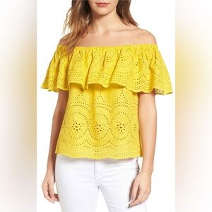 cupcakes&cashmere. Golden Yellow off-the-shoulder eyelet top. S.